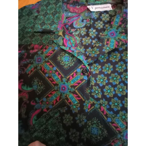 VTG X-pressions long all over floral Paisley short sleeve button down top women' - Picture 4 of 8